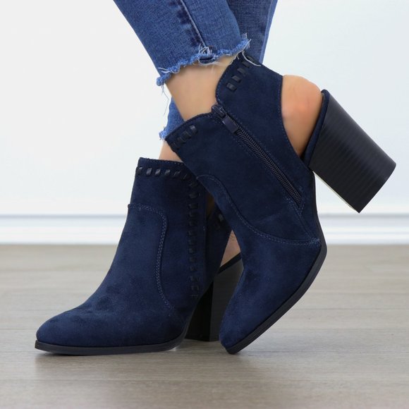 Pointy Toe Navy Suede Ankle Boots With Sling Back - Picture 2 of 7